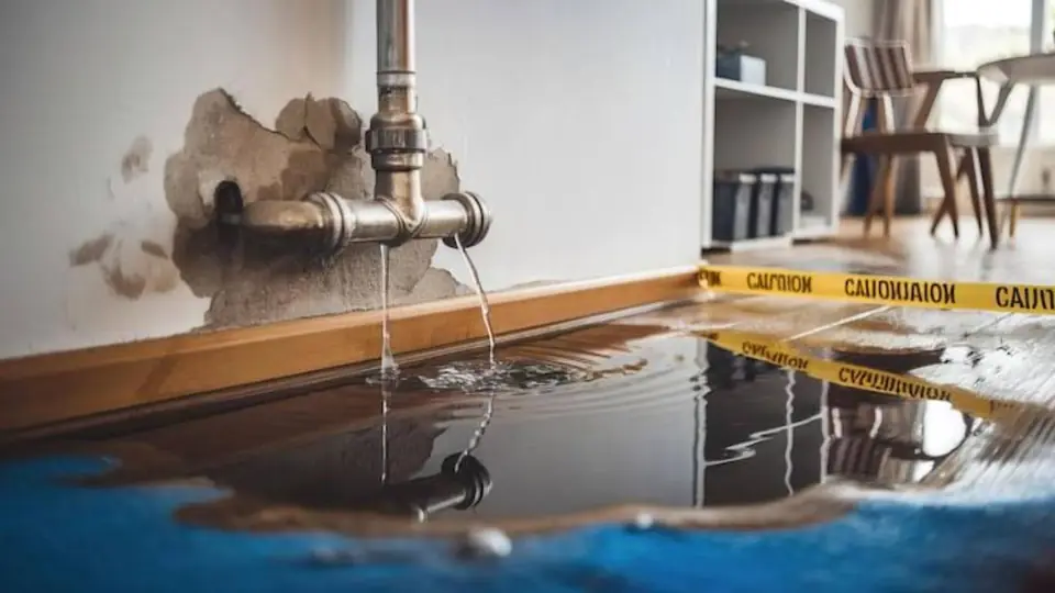 Water pooling around a leaking pipe with caution tape in a home