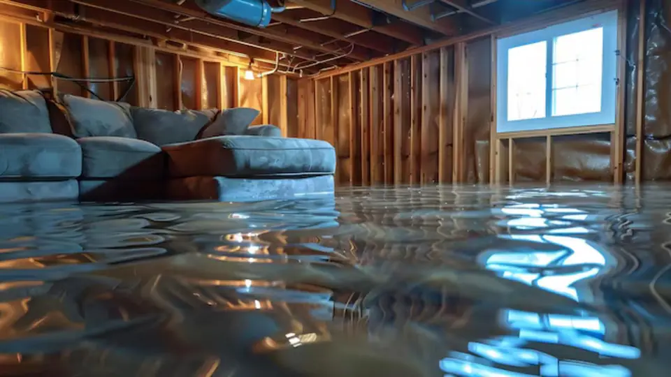 Flood damaged basement with a torn up floor edge and mud