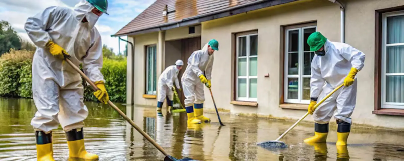 Crew in protective suits and boots cleaning up water around a house