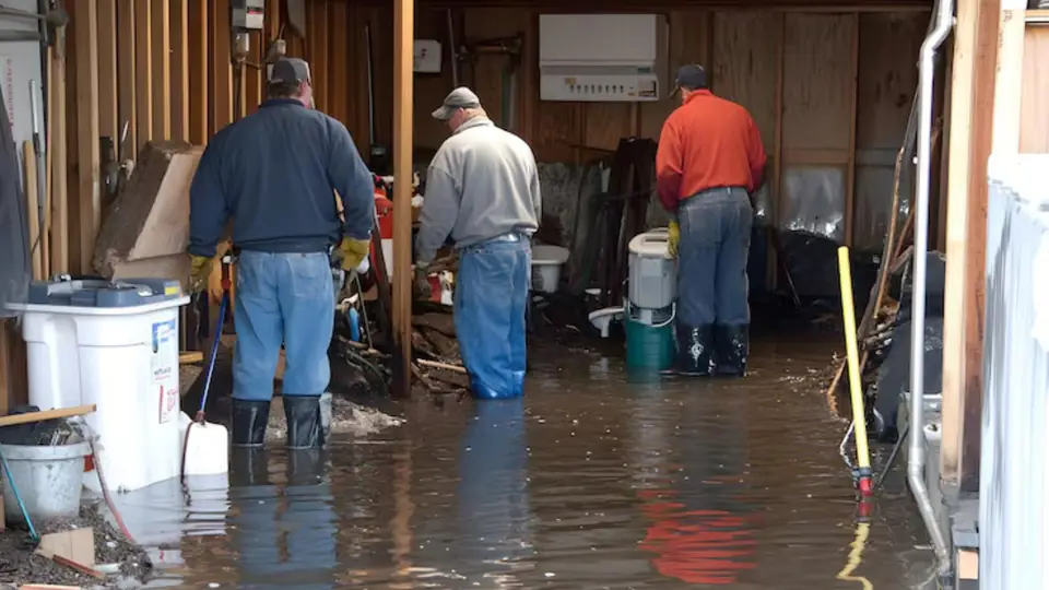 Crew in waders working in a flooded basement with pumps and hoses