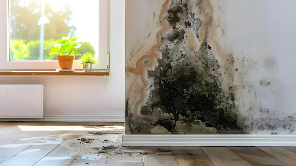 Mold growing up a corner wall beside a window
