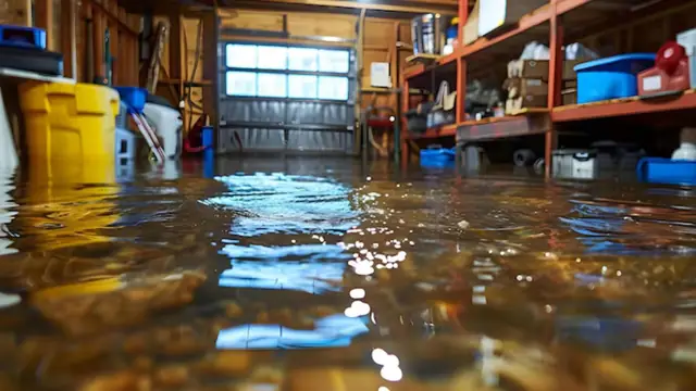 Garage with several inches of flood water and stored items on shelves