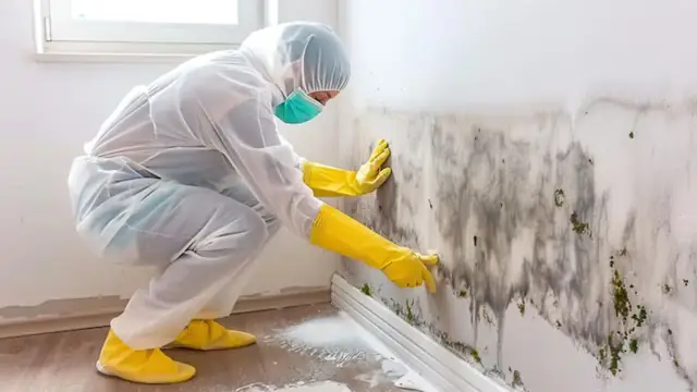 Technician kneeling to clean mold from a wall