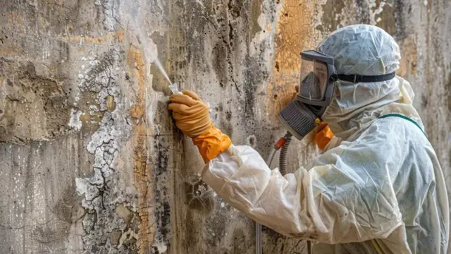 Worker in a respirator brushing mold from weathered wood paneling