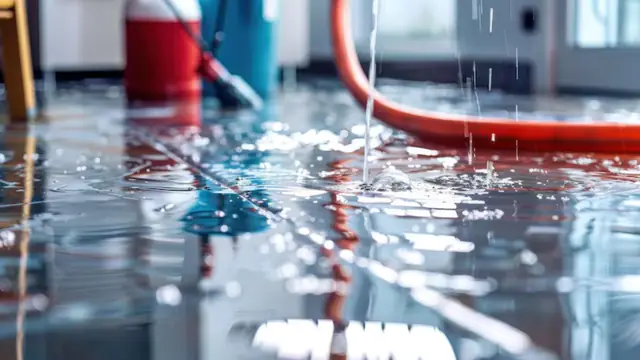 Wet vacuum hose and water on a floor during cleanup