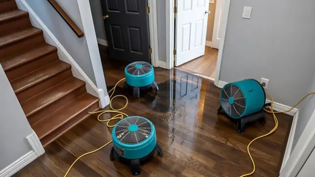 Air movers drying a stairwell and wood floor