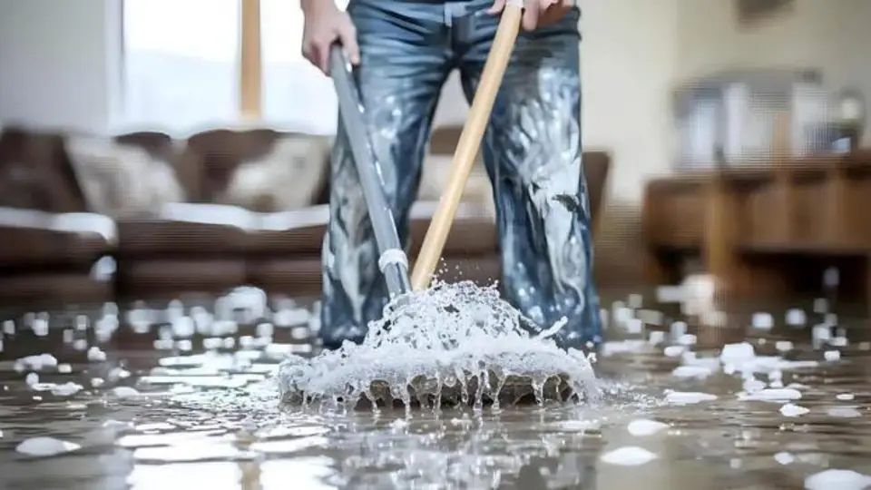Person mopping up water in a living room