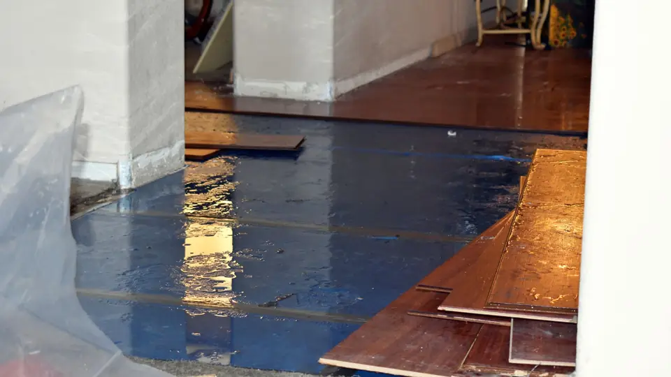 Wood flooring lifted and laid over plastic sheeting after water damage